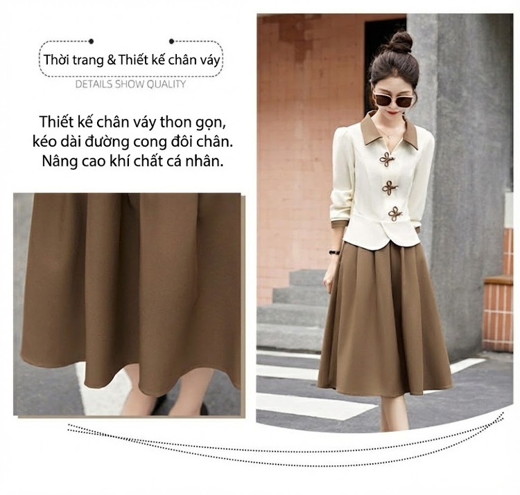 Set Áo Tay Dài Cổ Điển và Chân Váy Midi Cạp Cao Phong Cách Pháp Màu Trắng Kem, Nâu, Đen chi tiết 8