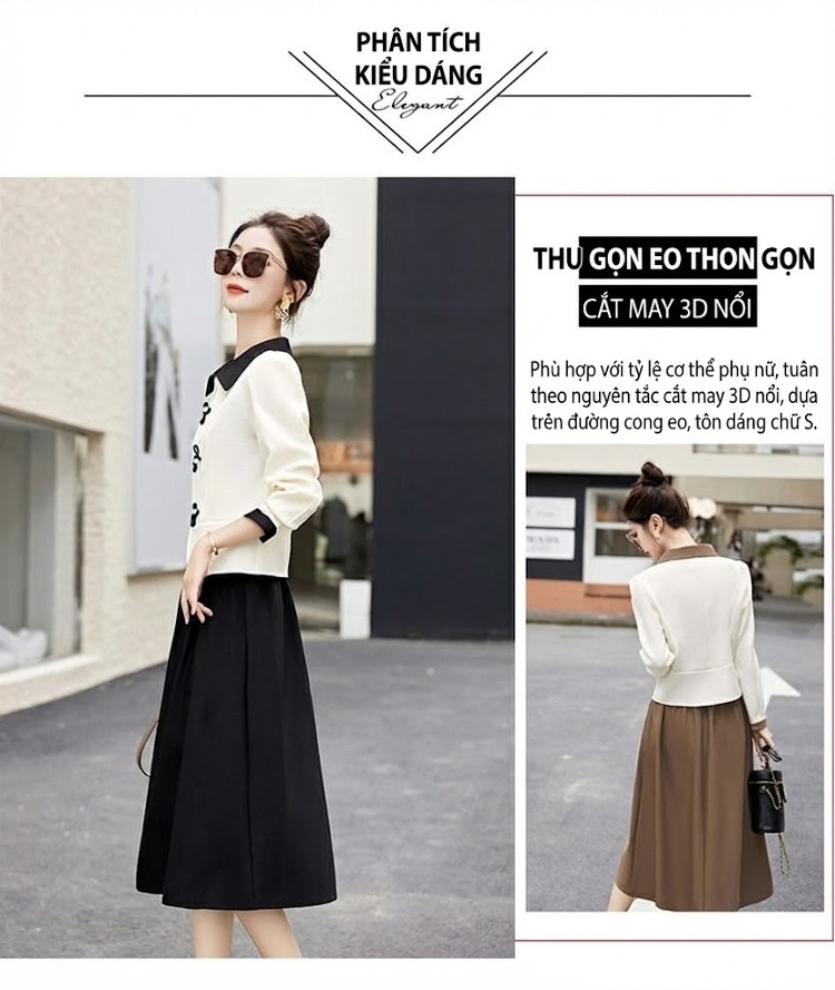 Set Áo Tay Dài Cổ Điển và Chân Váy Midi Cạp Cao Phong Cách Pháp Màu Trắng Kem, Nâu, Đen chi tiết 9