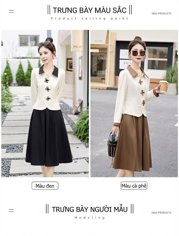 Set Áo Tay Dài Cổ Điển và Chân Váy Midi Cạp Cao Phong Cách Pháp Màu Trắng Kem, Nâu, Đen chi tiết 12