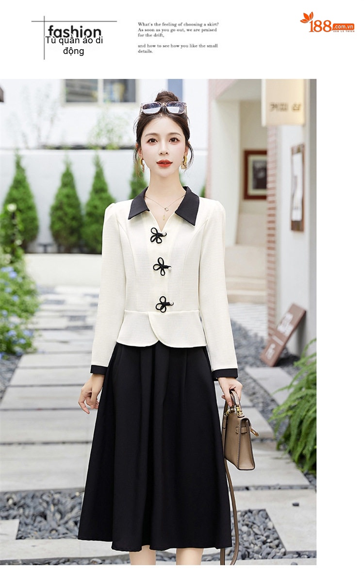 Set Áo Tay Dài Cổ Điển và Chân Váy Midi Cạp Cao Phong Cách Pháp Màu Trắng Kem, Nâu, Đen chi tiết 18