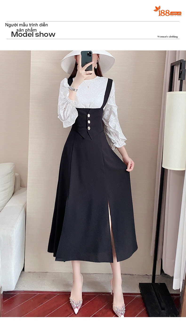 Set Áo Tay Dài và Váy Yếm Dáng Dài Phong Cách Retro Màu Trắng, Đen chi tiết 10
