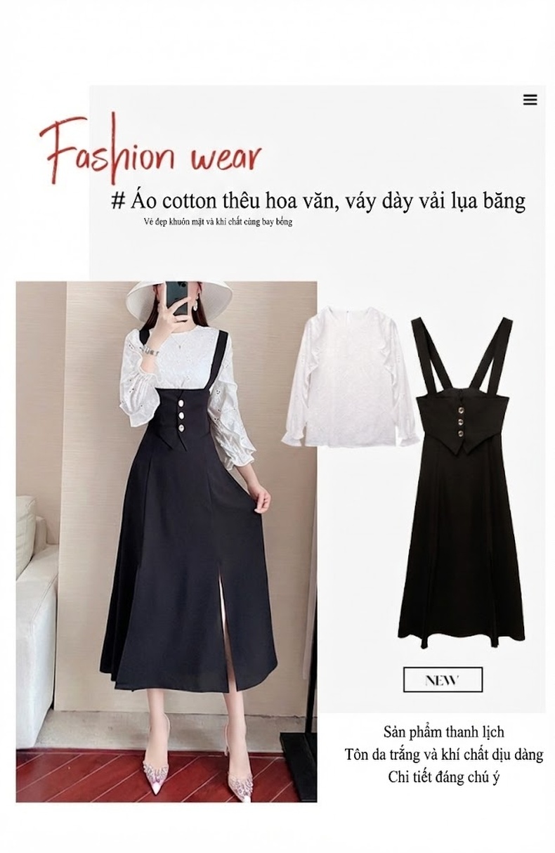 Set Áo Tay Dài và Váy Yếm Dáng Dài Phong Cách Retro Màu Trắng, Đen chi tiết 2