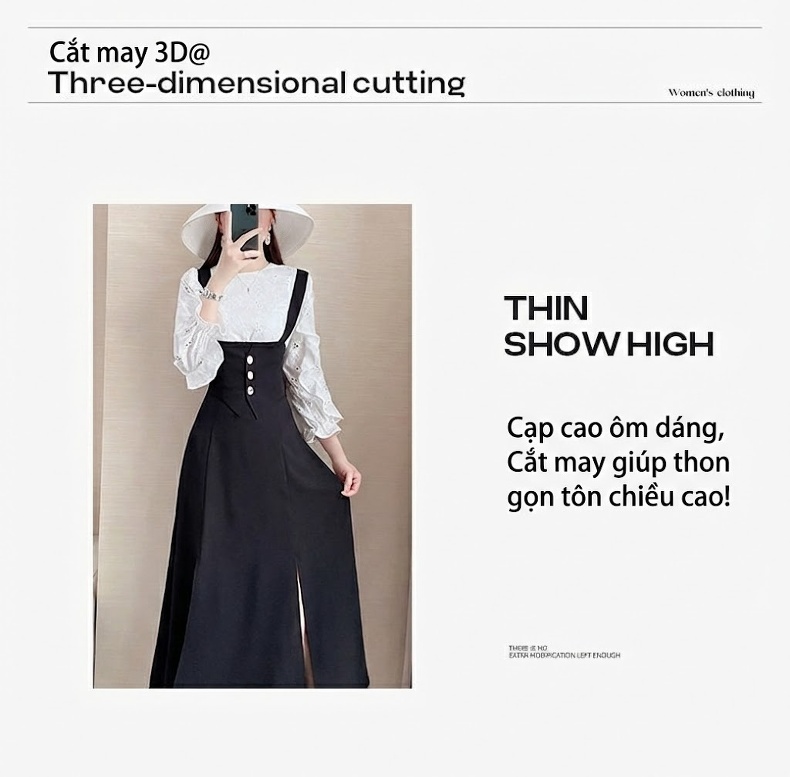 Set Áo Tay Dài và Váy Yếm Dáng Dài Phong Cách Retro Màu Trắng, Đen chi tiết 6