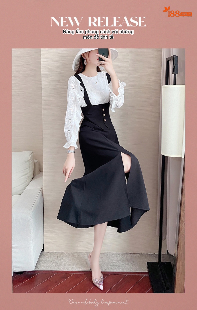 Set Áo Tay Dài và Váy Yếm Dáng Dài Phong Cách Retro Màu Trắng, Đen chi tiết 1
