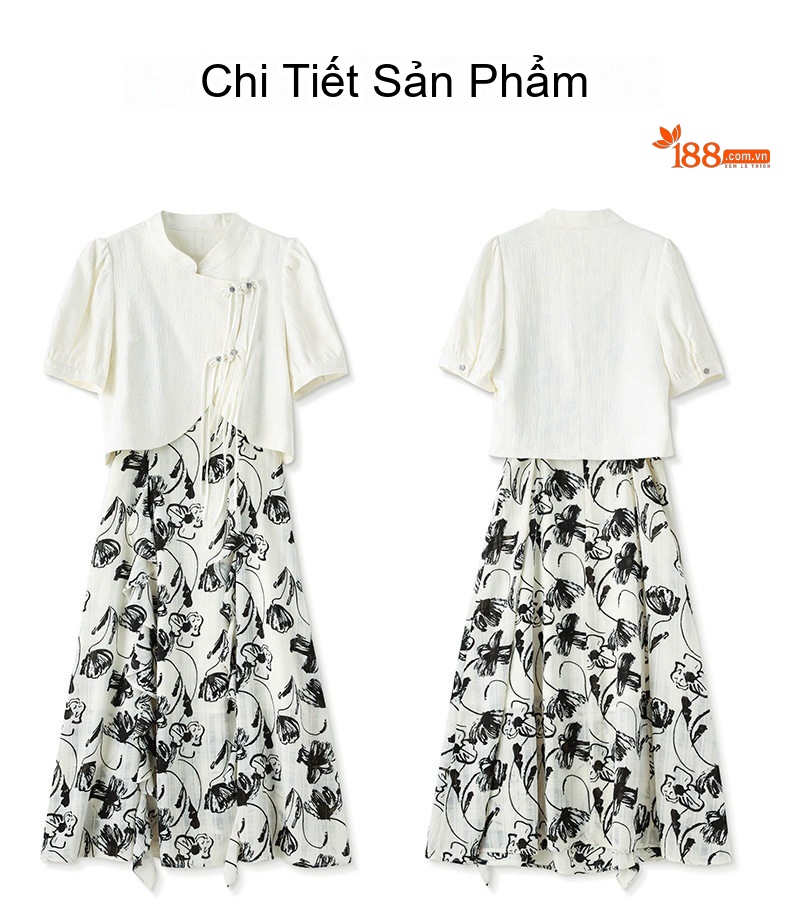 Set Áo Tay Ngắn Cổ Tàu Khuy Cài và Chân Váy Xòe Voan Họa Tiết Thủy Mặc Phong Cách Trung Hoa chi tiết 15