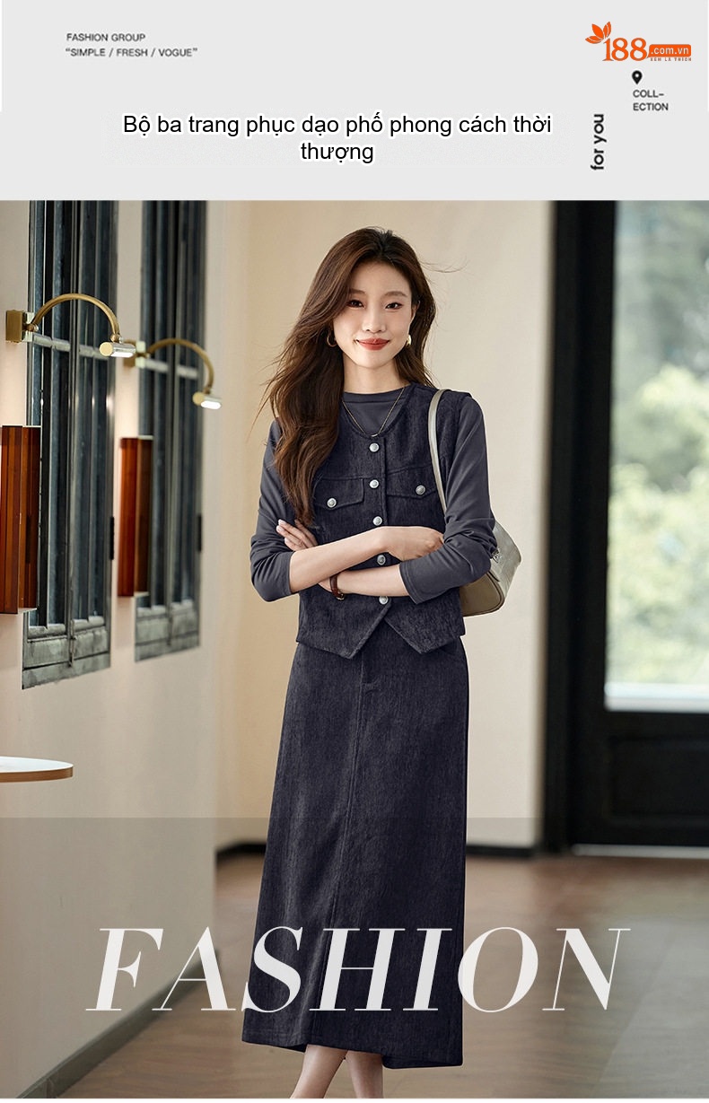 Set Áo Thun Tay Dài, Áo Khoác Gile, Chân Váy Midi Nữ Phong Cách Thu Đông Thanh Lịch Màu Đỏ Rượu Vang, Xanh Navy chi tiết 1