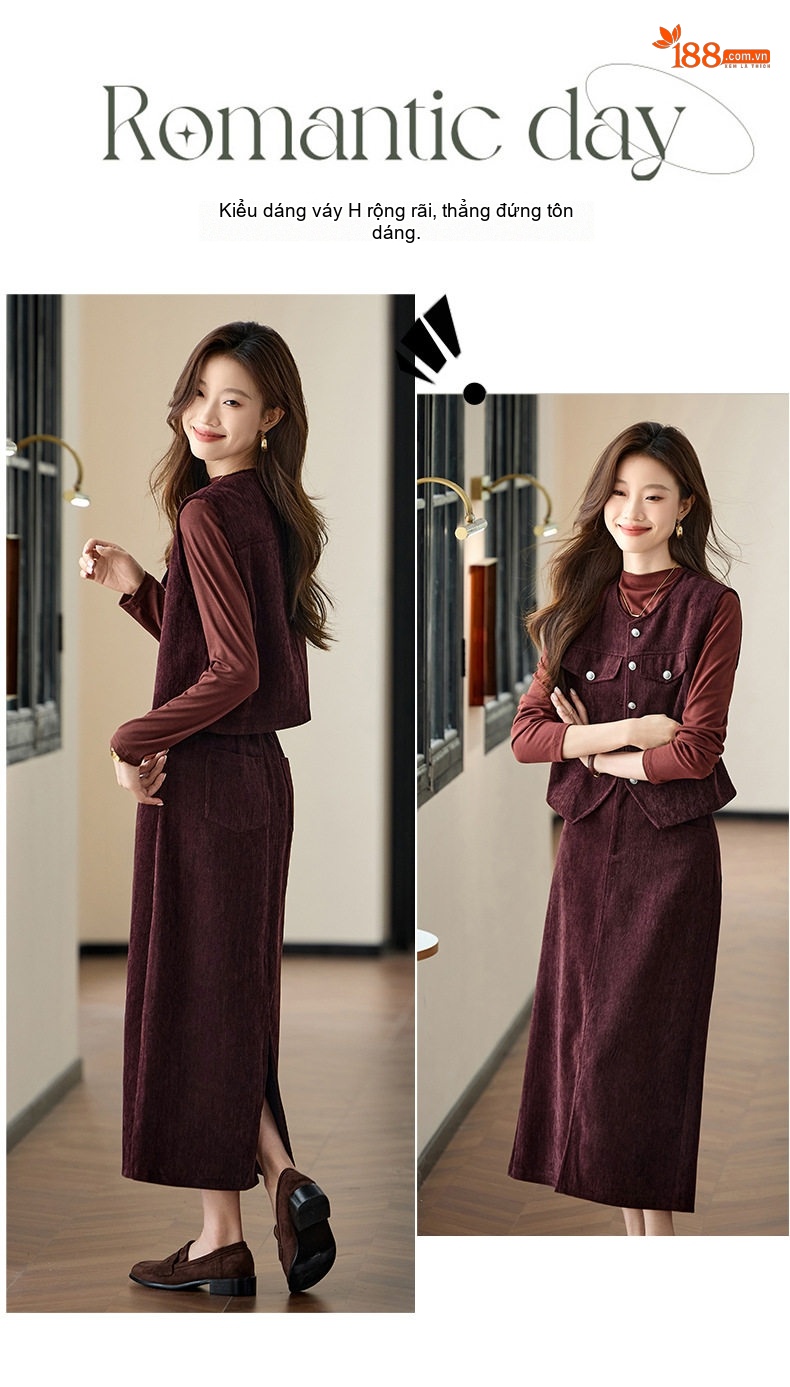 Set Áo Thun Tay Dài, Áo Khoác Gile, Chân Váy Midi Nữ Phong Cách Thu Đông Thanh Lịch Màu Đỏ Rượu Vang, Xanh Navy chi tiết 3