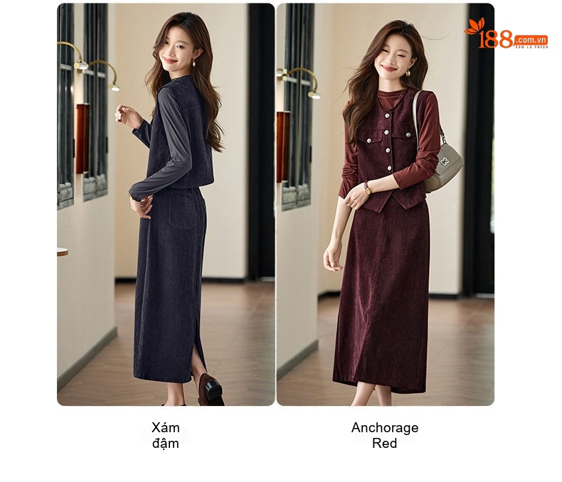 Set Áo Thun Tay Dài, Áo Khoác Gile, Chân Váy Midi Nữ Phong Cách Thu Đông Thanh Lịch Màu Đỏ Rượu Vang, Xanh Navy chi tiết 5