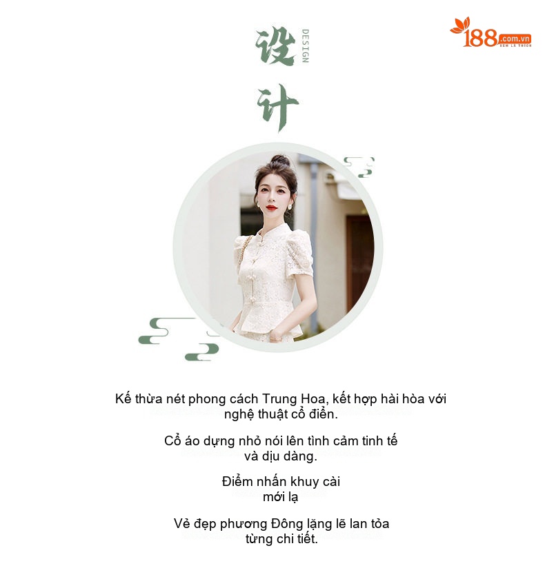 Set Áo và Chân Váy Ren Nữ Cổ Tàu Tay Bồng Phong Cách Trung Hoa Cách Tân Màu Trắng, Đen, Hồng chi tiết 1