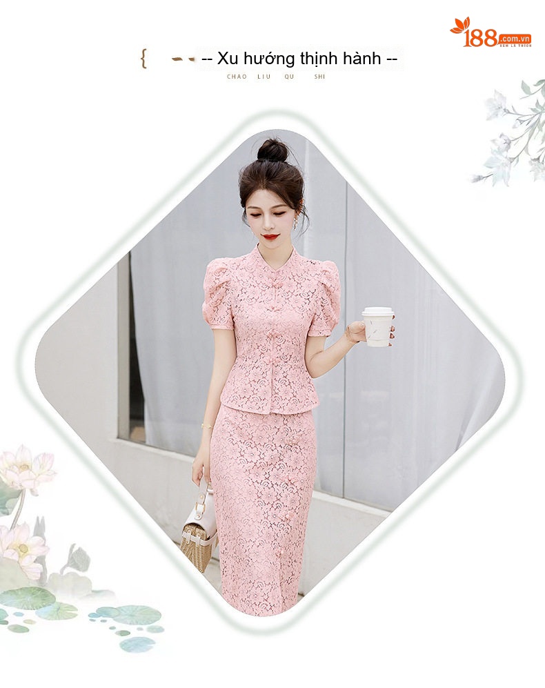 Set Áo và Chân Váy Ren Nữ Cổ Tàu Tay Bồng Phong Cách Trung Hoa Cách Tân Màu Trắng, Đen, Hồng chi tiết 2