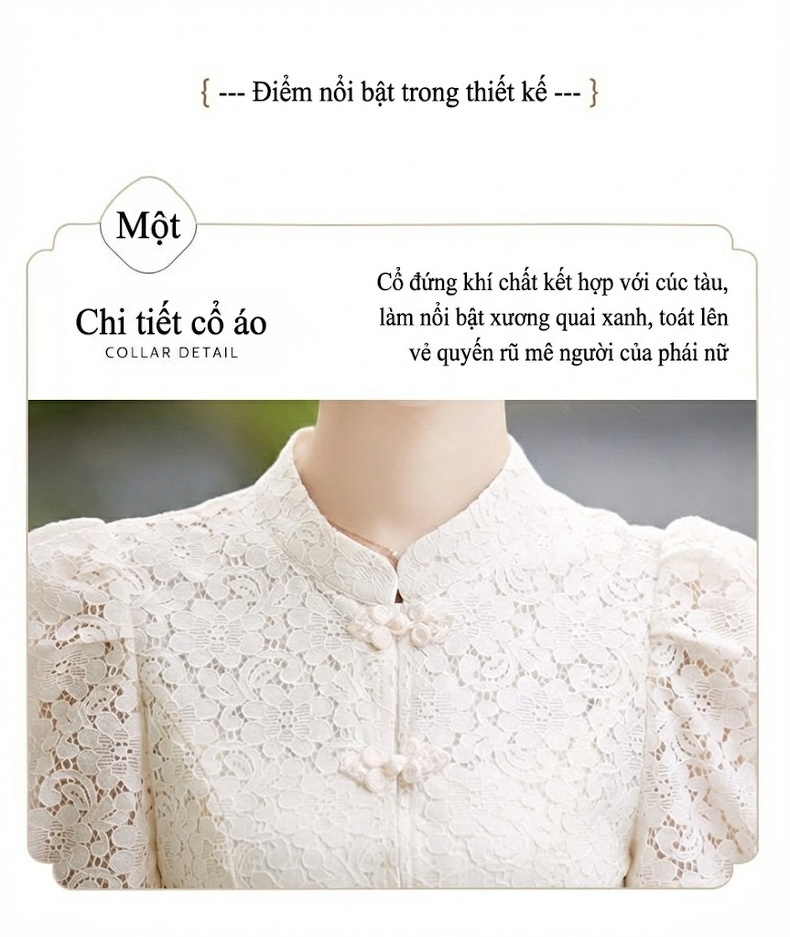 Set Áo và Chân Váy Ren Nữ Cổ Tàu Tay Bồng Phong Cách Trung Hoa Cách Tân Màu Trắng, Đen, Hồng chi tiết 3
