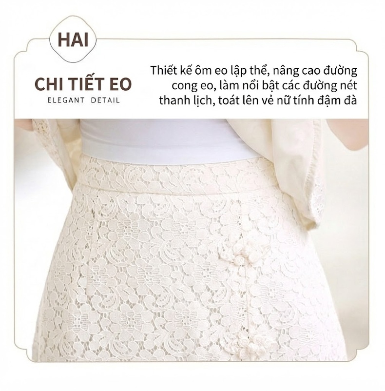 Set Áo và Chân Váy Ren Nữ Cổ Tàu Tay Bồng Phong Cách Trung Hoa Cách Tân Màu Trắng, Đen, Hồng chi tiết 4