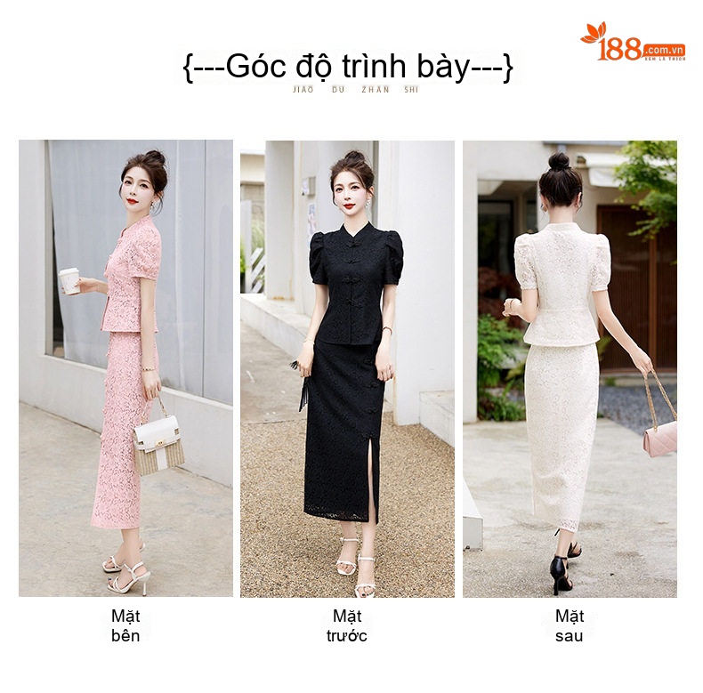 Set Áo và Chân Váy Ren Nữ Cổ Tàu Tay Bồng Phong Cách Trung Hoa Cách Tân Màu Trắng, Đen, Hồng chi tiết 6
