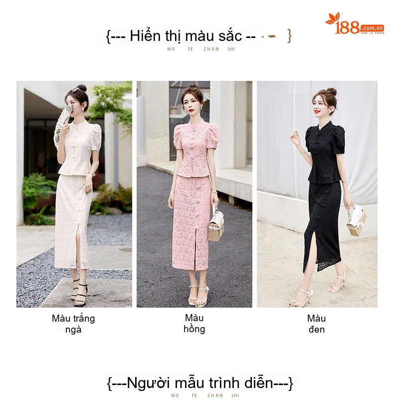 Set Áo và Chân Váy Ren Nữ Cổ Tàu Tay Bồng Phong Cách Trung Hoa Cách Tân Màu Trắng, Đen, Hồng chi tiết 9