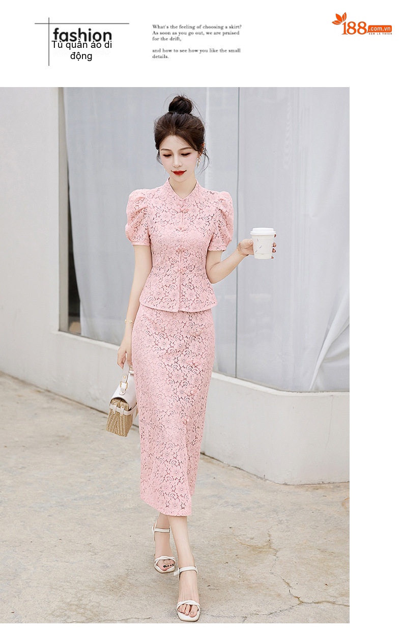 Set Áo và Chân Váy Ren Nữ Cổ Tàu Tay Bồng Phong Cách Trung Hoa Cách Tân Màu Trắng, Đen, Hồng chi tiết 17