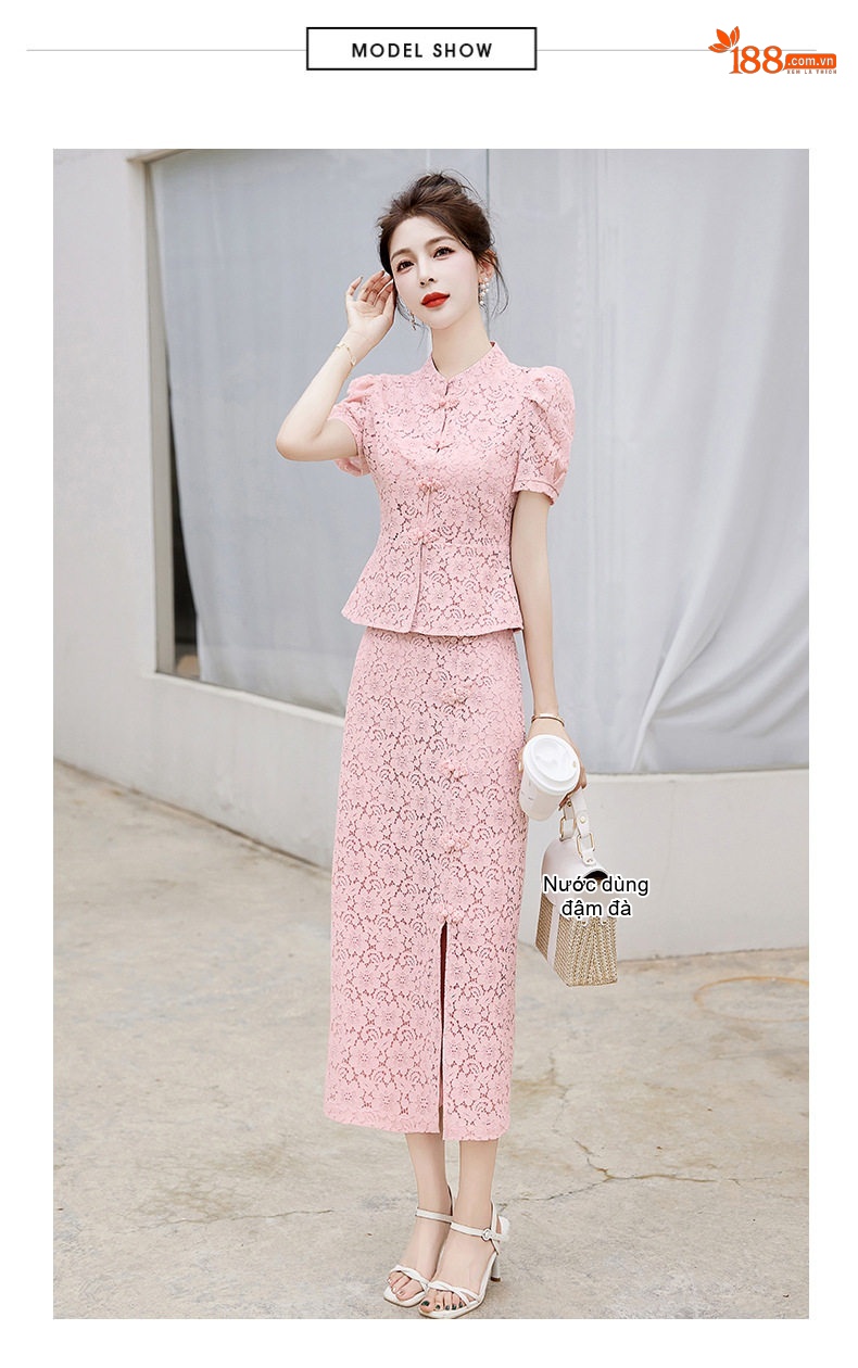 Set Áo và Chân Váy Ren Nữ Cổ Tàu Tay Bồng Phong Cách Trung Hoa Cách Tân Màu Trắng, Đen, Hồng chi tiết 20