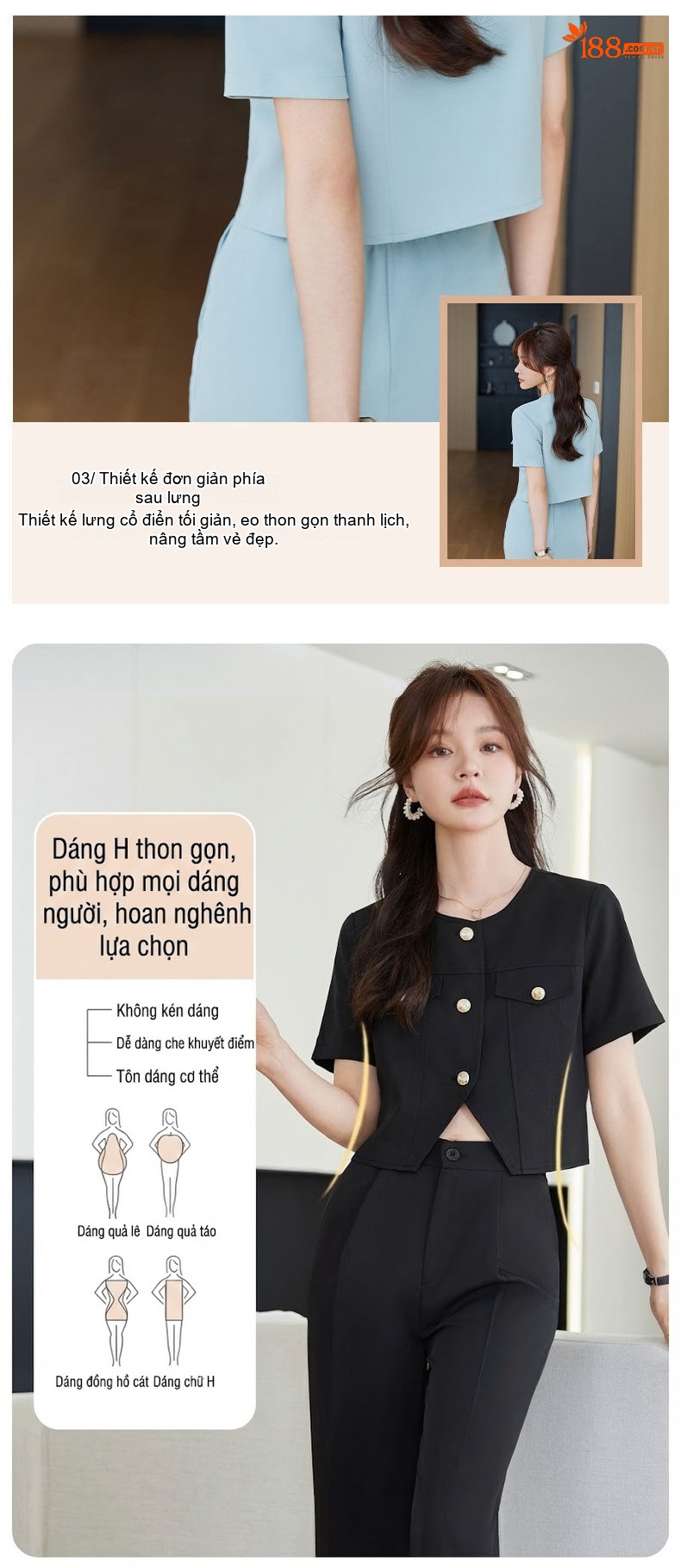 Set Áo Vest Croptop Tay Ngắn và Quần Dài Nữ Phong Cách Tiểu Thư Màu Xanh, Trắng, Đen chi tiết 3