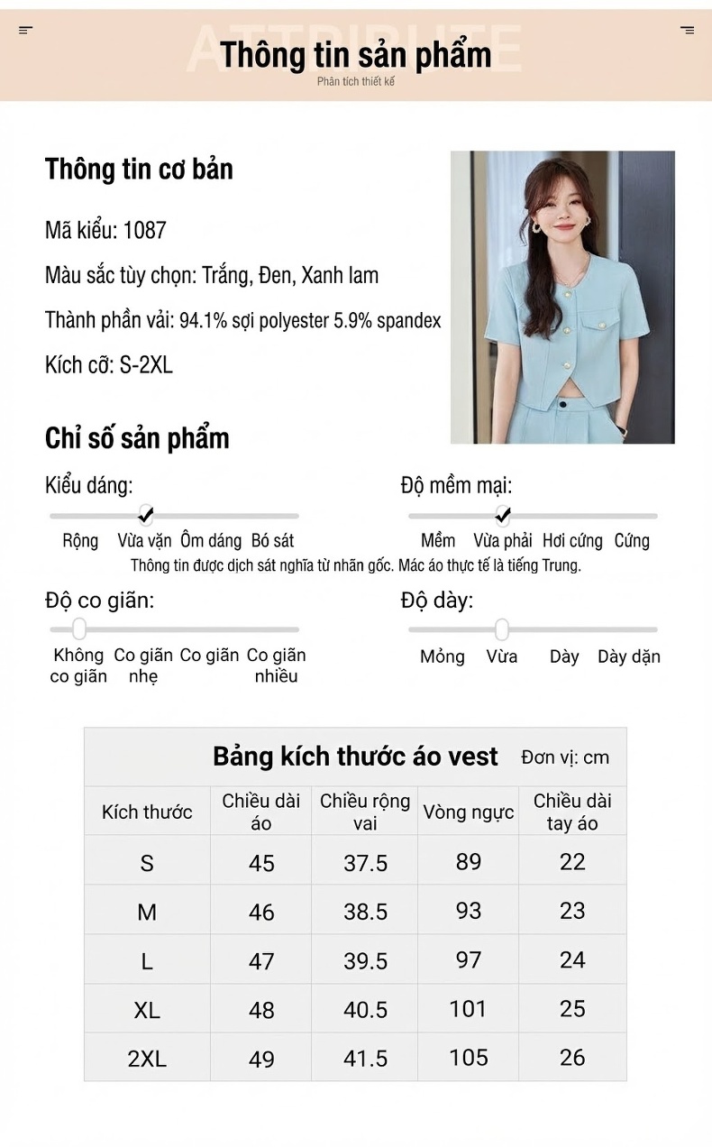 Set Áo Vest Croptop Tay Ngắn và Quần Dài Nữ Phong Cách Tiểu Thư Màu Xanh, Trắng, Đen chi tiết 5