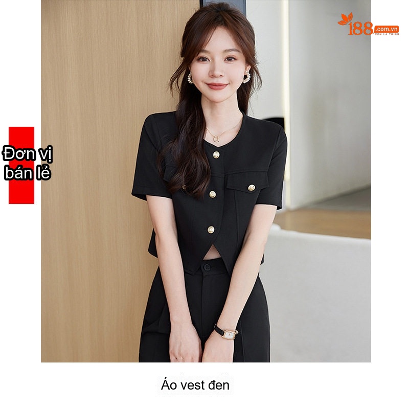 Set Áo Vest Croptop Tay Ngắn và Quần Dài Nữ Phong Cách Tiểu Thư Màu Xanh, Trắng, Đen