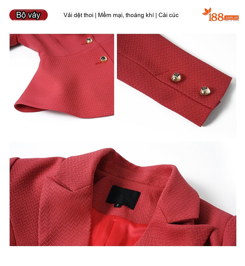Set Áo Vest Nữ Công Sở Tay Dài Quần/Chân Váy Dáng Ôm Màu Đỏ chi tiết 6
