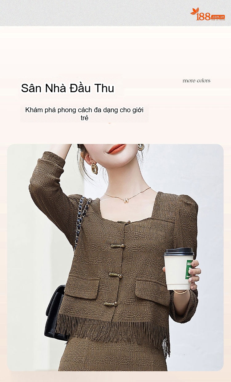 Set Bộ Áo Dài Tay Và Chân Váy Dáng Ôm Thiết Kế Tua Rua Phong Cách Thu Đông Màu Đen, Nâu chi tiết 3