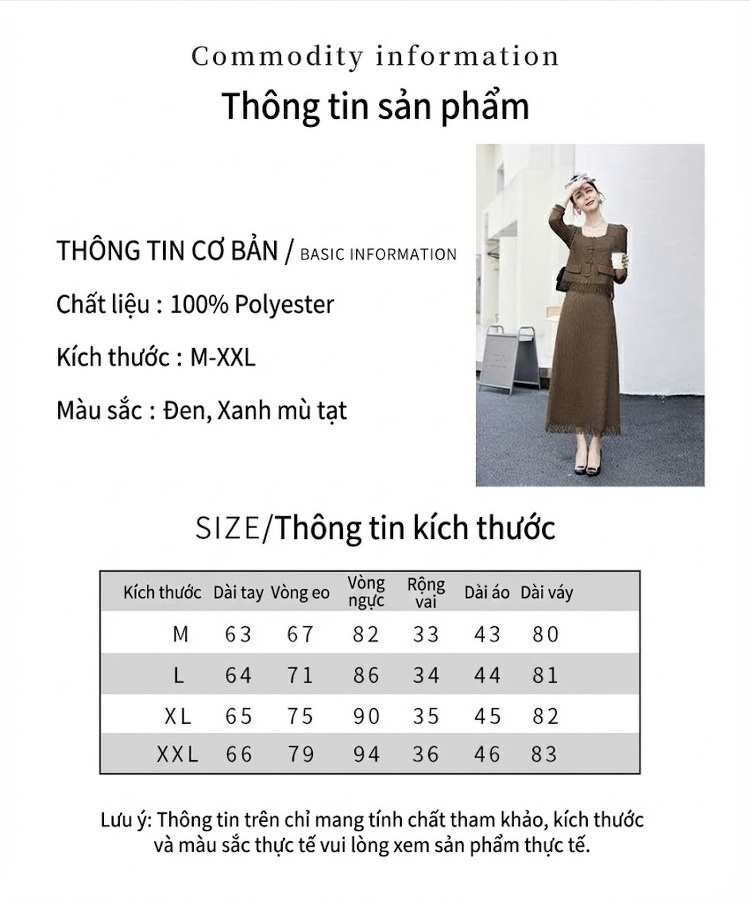 Set Bộ Áo Dài Tay Và Chân Váy Dáng Ôm Thiết Kế Tua Rua Phong Cách Thu Đông Màu Đen, Nâu chi tiết 12