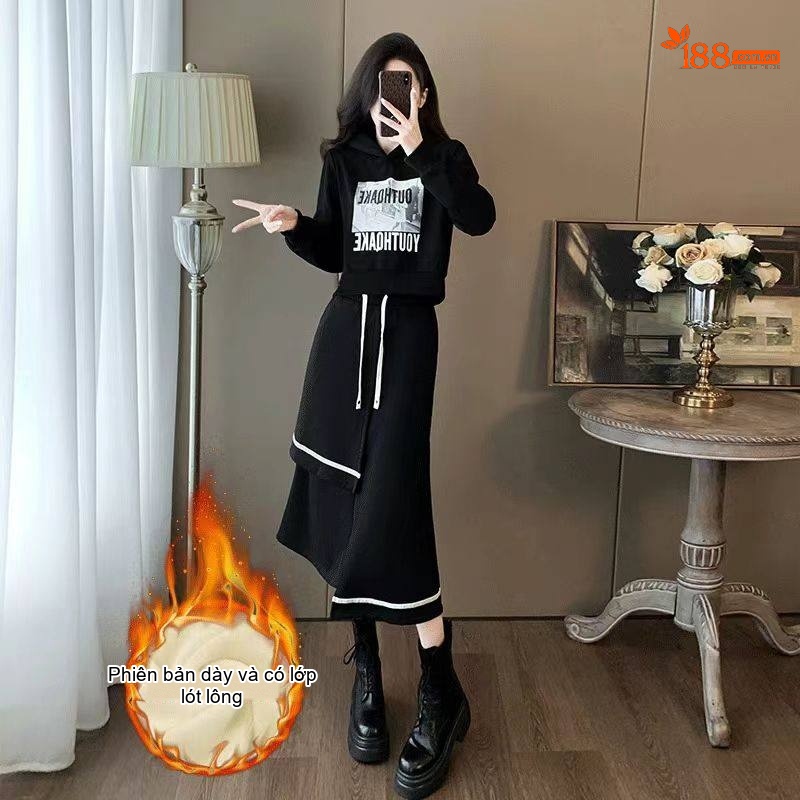 Set Bộ Áo Hoodie và Chân Váy Dáng Dài Lót Lông Màu Đen