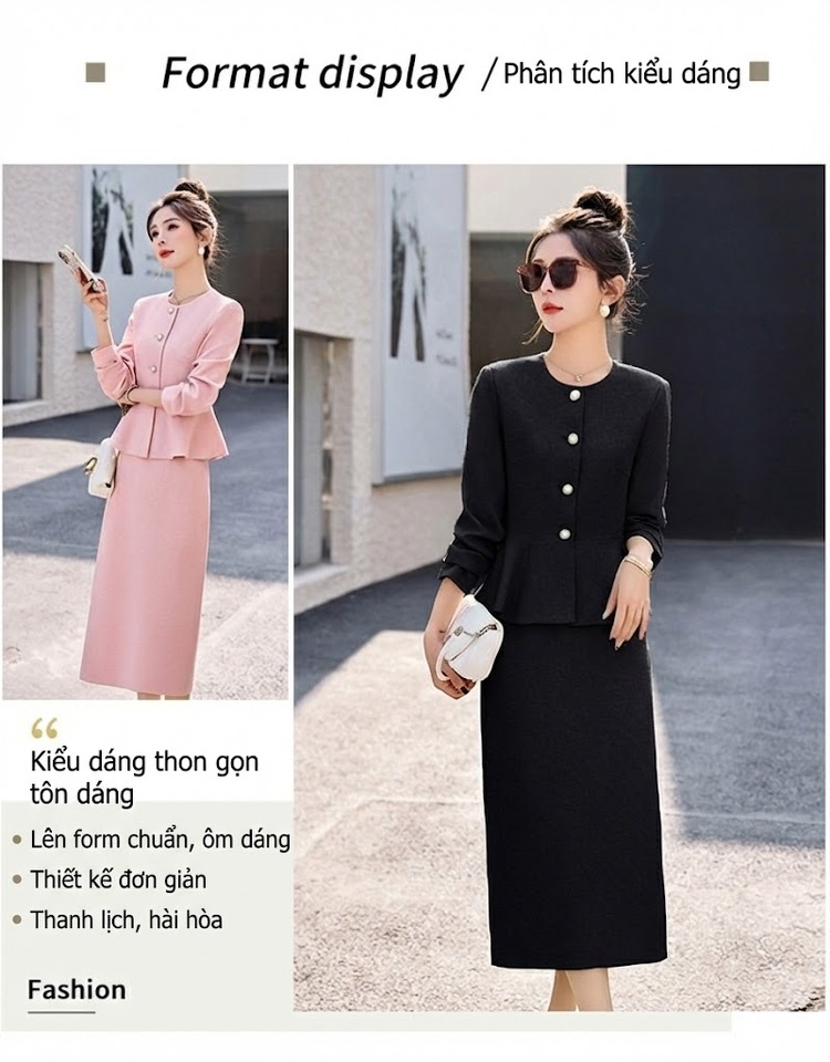 Set Bộ Áo Khoác Chân Váy Tiểu Thư Phong Cách Pháp Thanh Lịch Màu Trắng, Hồng, Xanh, Đen chi tiết 6
