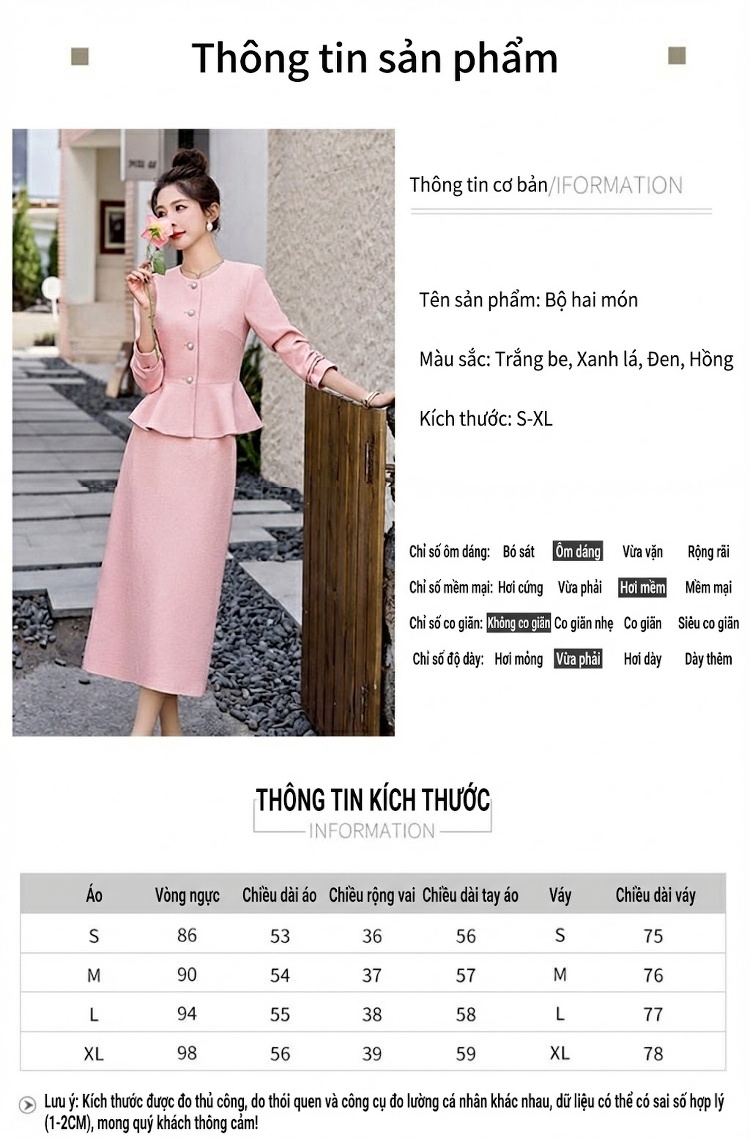 Set Bộ Áo Khoác Chân Váy Tiểu Thư Phong Cách Pháp Thanh Lịch Màu Trắng, Hồng, Xanh, Đen chi tiết 8