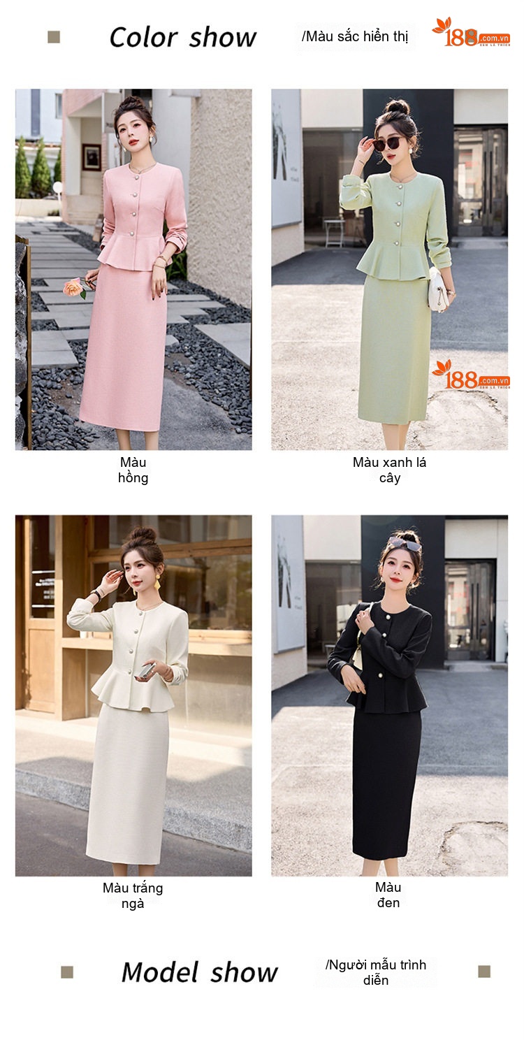 Set Bộ Áo Khoác Chân Váy Tiểu Thư Phong Cách Pháp Thanh Lịch Màu Trắng, Hồng, Xanh, Đen chi tiết 9
