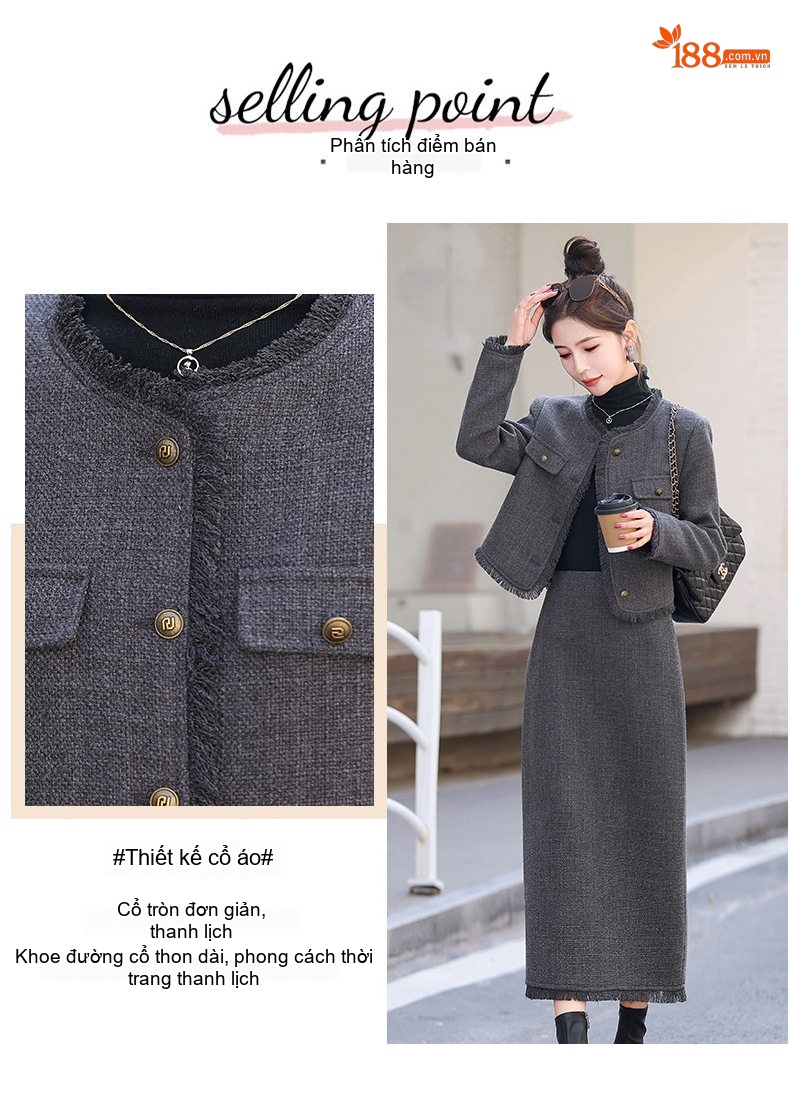 Set Bộ Áo Khoác Quần Dài Dáng Ôm Mùa Xuân Dày Dặn Màu Xám, Xanh chi tiết 7