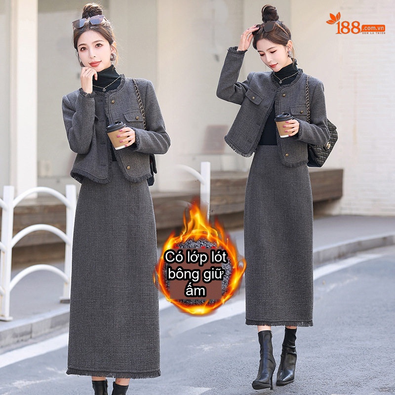 Set Bộ Áo Khoác Quần Dài Dáng Ôm Mùa Xuân Dày Dặn Màu Xám, Xanh