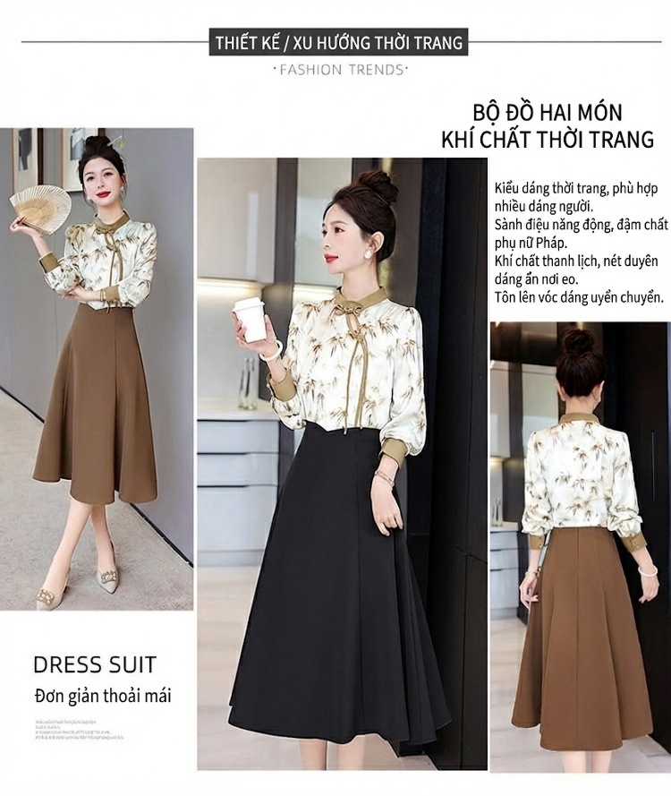 Set Bộ Áo Kiểu Cổ Tàu Tay Dài In Họa Tiết và Chân Váy A Dáng Dài Thanh Lịch Màu Nâu, Đen chi tiết 3