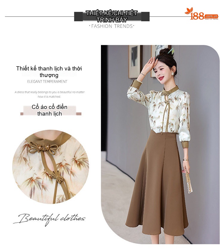 Set Bộ Áo Kiểu Cổ Tàu Tay Dài In Họa Tiết và Chân Váy A Dáng Dài Thanh Lịch Màu Nâu, Đen chi tiết 4
