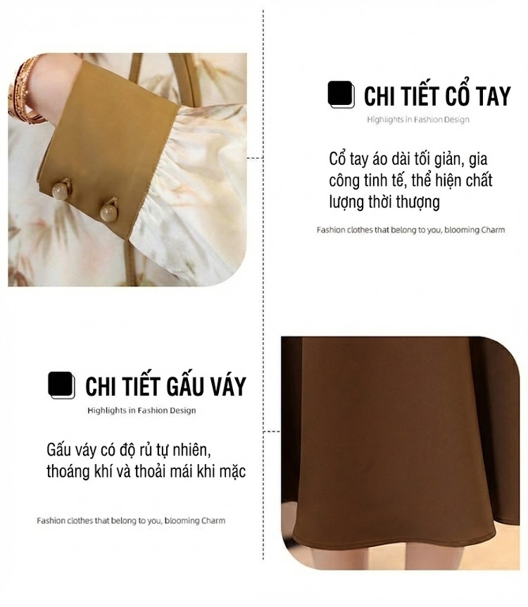 Set Bộ Áo Kiểu Cổ Tàu Tay Dài In Họa Tiết và Chân Váy A Dáng Dài Thanh Lịch Màu Nâu, Đen chi tiết 5