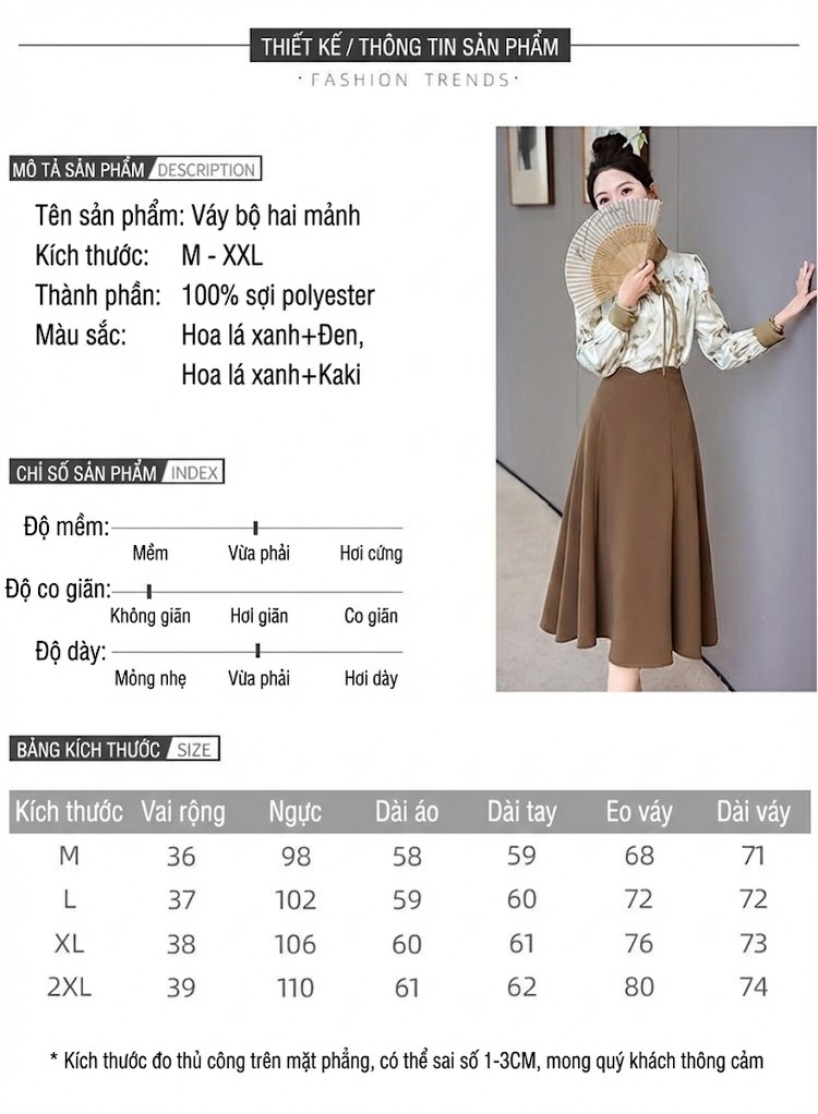 Set Bộ Áo Kiểu Cổ Tàu Tay Dài In Họa Tiết và Chân Váy A Dáng Dài Thanh Lịch Màu Nâu, Đen chi tiết 8