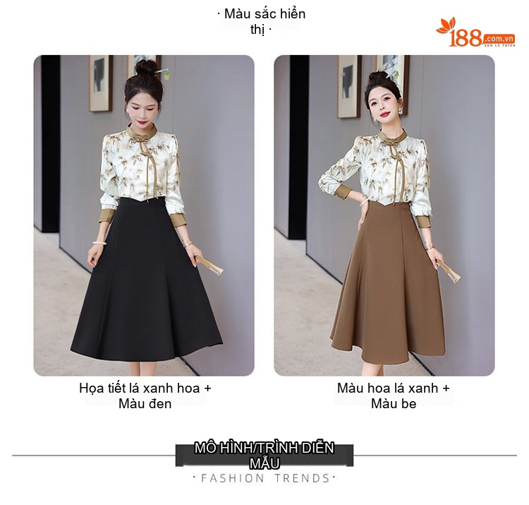 Set Bộ Áo Kiểu Cổ Tàu Tay Dài In Họa Tiết và Chân Váy A Dáng Dài Thanh Lịch Màu Nâu, Đen chi tiết 9