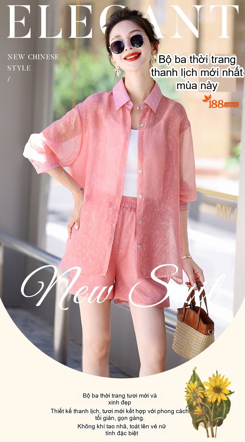 Set Bộ Áo Sơ Mi Quần Short Nữ Mỏng Mát Chống Nắng Phong Cách Thời Trang Màu Hồng, Xanh Lá chi tiết 1
