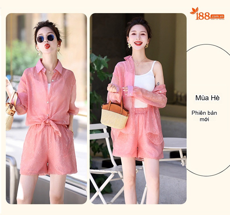 Set Bộ Áo Sơ Mi Quần Short Nữ Mỏng Mát Chống Nắng Phong Cách Thời Trang Màu Hồng, Xanh Lá chi tiết 4