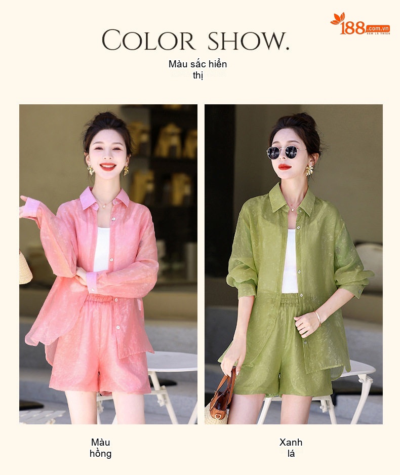 Set Bộ Áo Sơ Mi Quần Short Nữ Mỏng Mát Chống Nắng Phong Cách Thời Trang Màu Hồng, Xanh Lá chi tiết 8