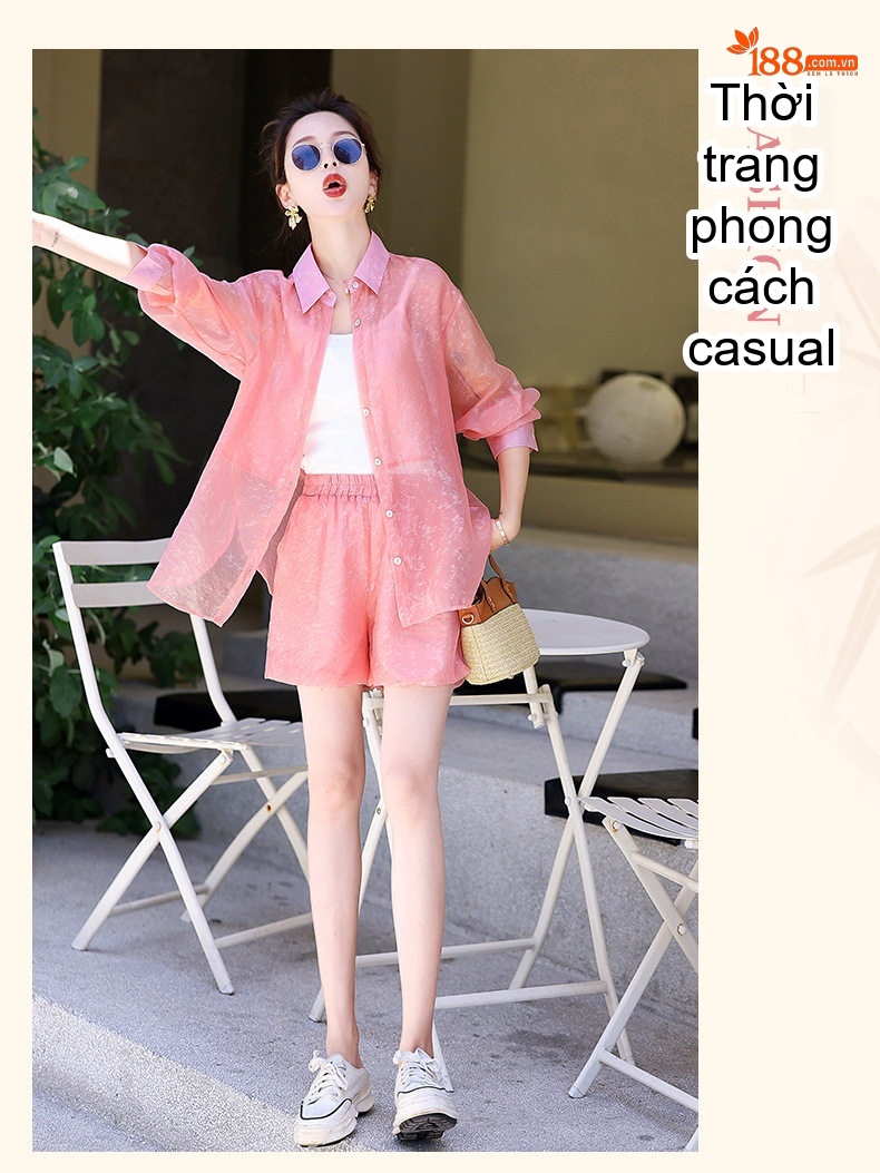 Set Bộ Áo Sơ Mi Quần Short Nữ Mỏng Mát Chống Nắng Phong Cách Thời Trang Màu Hồng, Xanh Lá chi tiết 13