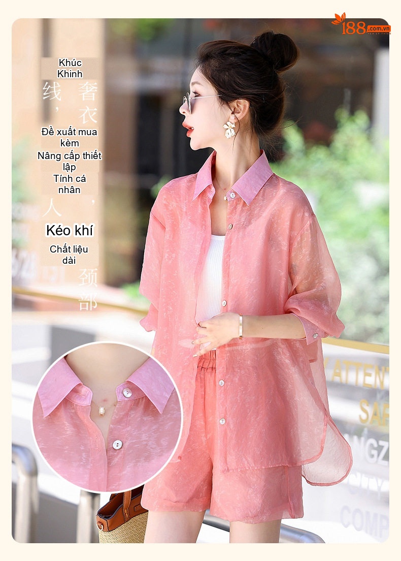 Set Bộ Áo Sơ Mi Quần Short Nữ Mỏng Mát Chống Nắng Phong Cách Thời Trang Màu Hồng, Xanh Lá chi tiết 3