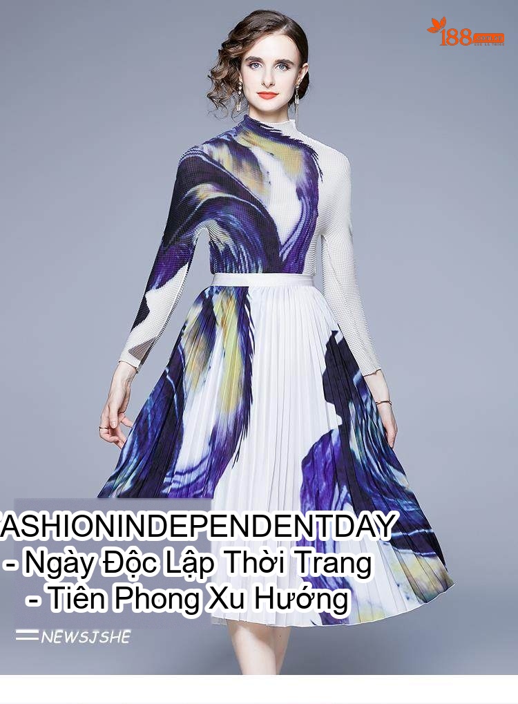 Set Bộ Áo Thun Dệt Kim Tay Dài Chân Váy Xếp Ly Họa Tiết Phong Cách Quý Cô Màu Trắng, Xanh, Tím chi tiết 1