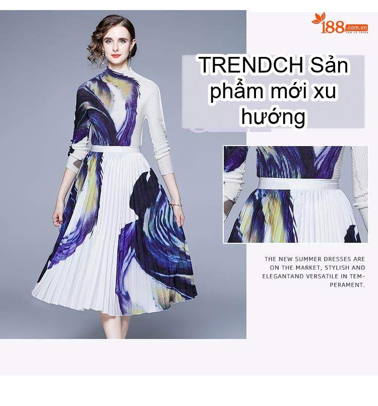 Set Bộ Áo Thun Dệt Kim Tay Dài Chân Váy Xếp Ly Họa Tiết Phong Cách Quý Cô Màu Trắng, Xanh, Tím chi tiết 4