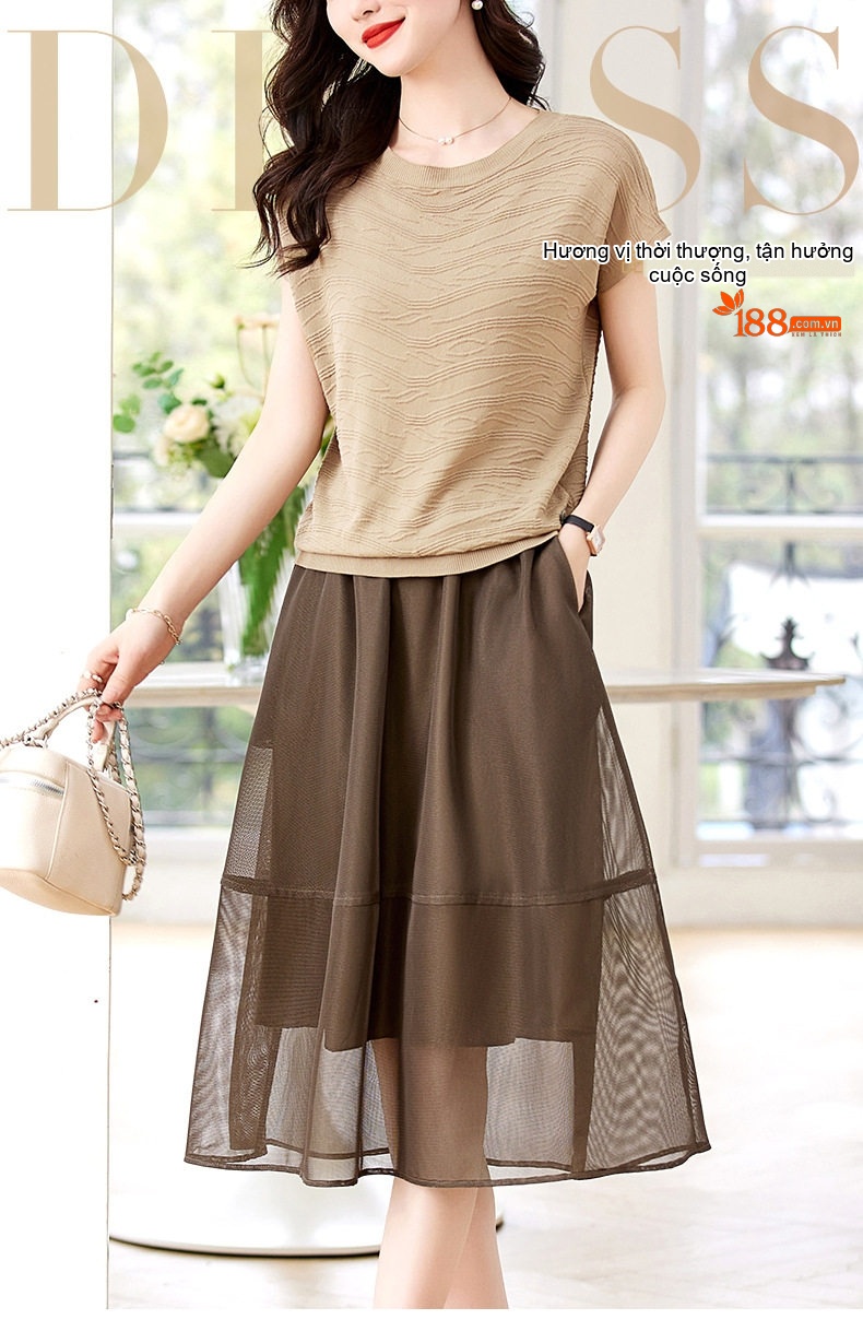 Set Bộ Áo Thun Tay Ngắn Và Chân Váy Midi Voan Lưới Thiết Kế Thời Trang Nữ Màu Nâu, Đen, Trắng chi tiết 1
