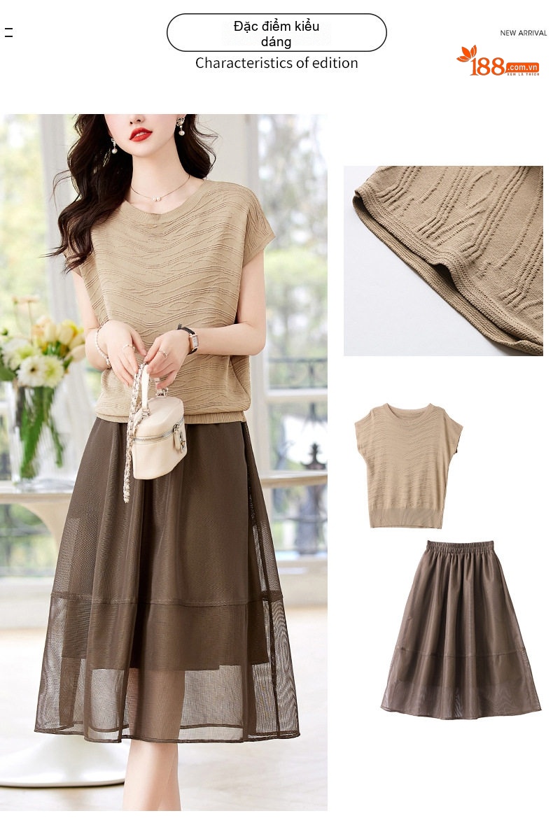 Set Bộ Áo Thun Tay Ngắn Và Chân Váy Midi Voan Lưới Thiết Kế Thời Trang Nữ Màu Nâu, Đen, Trắng chi tiết 3