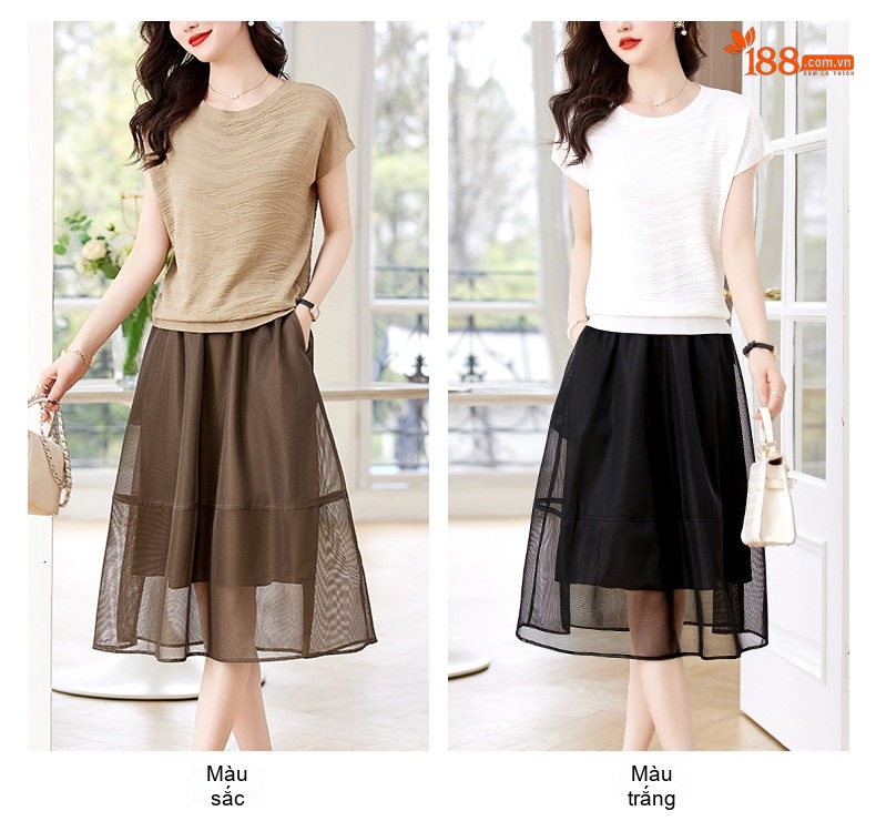 Set Bộ Áo Thun Tay Ngắn Và Chân Váy Midi Voan Lưới Thiết Kế Thời Trang Nữ Màu Nâu, Đen, Trắng chi tiết 9