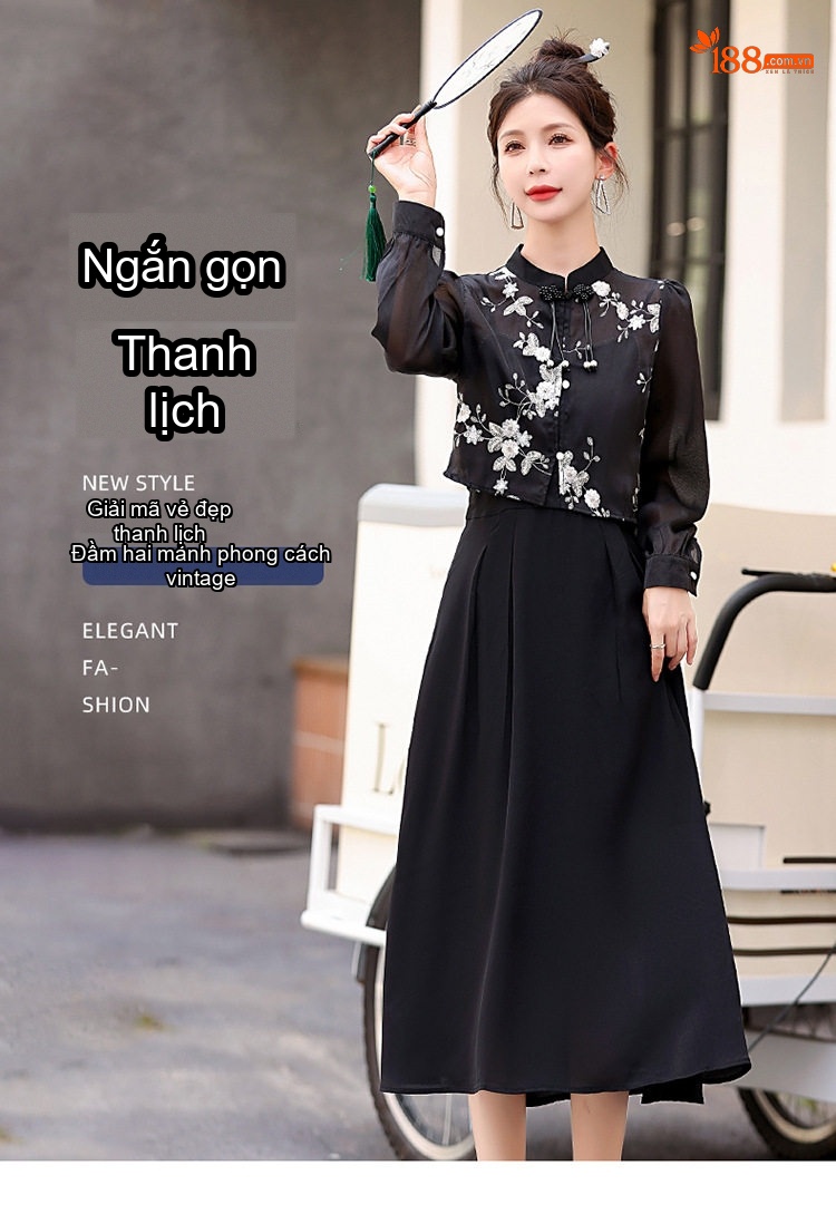 Set Bộ Áo và Chân Váy Nữ Cổ Điển Thiết Kế Khuy Gài Phong Cách Retro Màu Đen, Trắng chi tiết 1