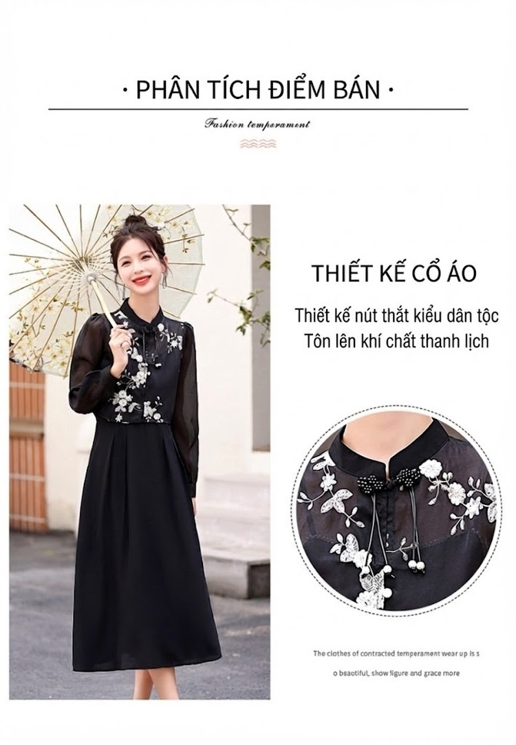 Set Bộ Áo và Chân Váy Nữ Cổ Điển Thiết Kế Khuy Gài Phong Cách Retro Màu Đen, Trắng chi tiết 5