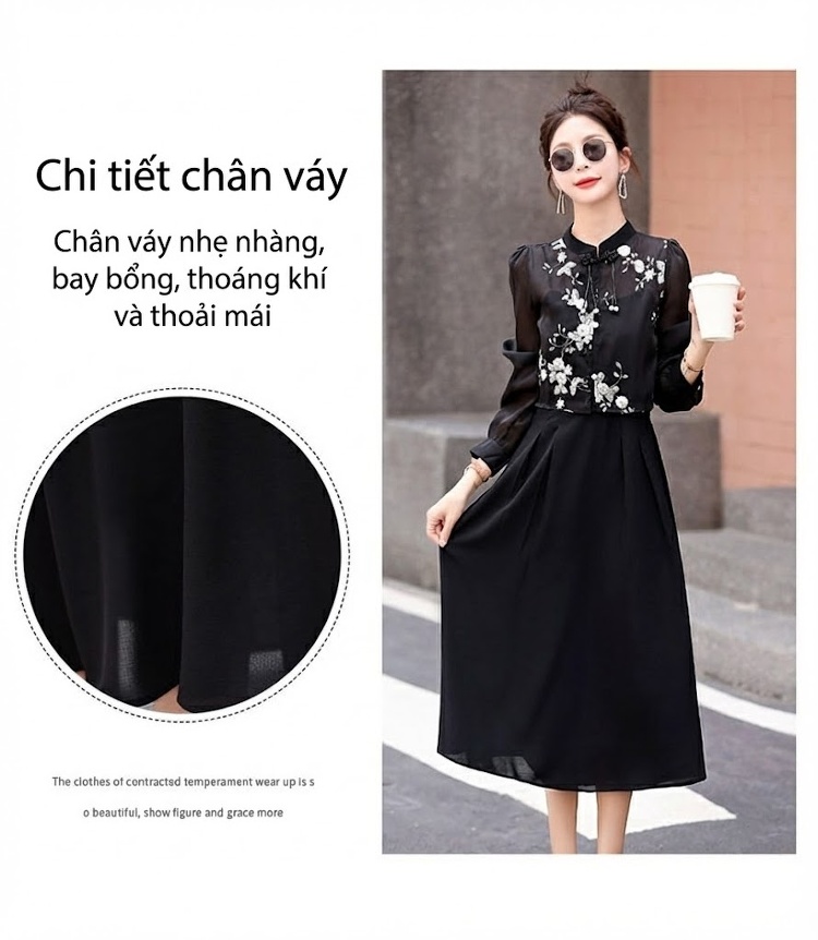 Set Bộ Áo và Chân Váy Nữ Cổ Điển Thiết Kế Khuy Gài Phong Cách Retro Màu Đen, Trắng chi tiết 7